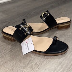 Liz Claiborne Argent Black Leather Sandals with Gold Accent